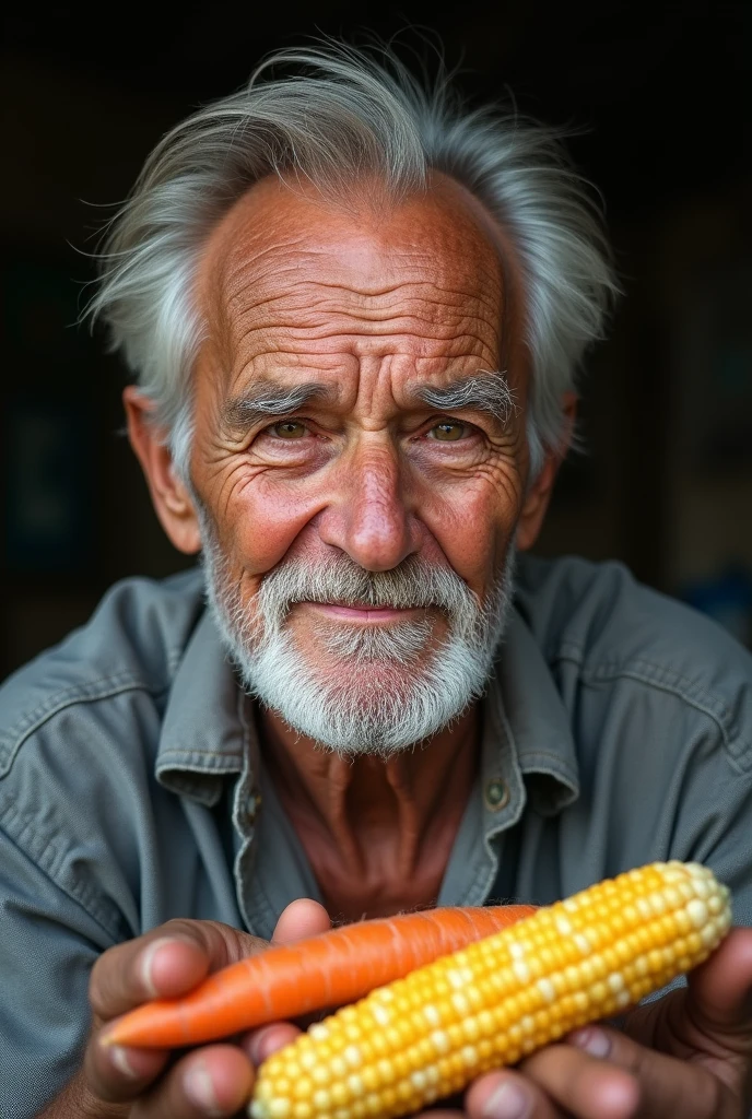 Portrait of an elderly man with weathered features. Your skin is wrinkled with age spots, deep lines around the eyes and mouth. He has clear and expressive eyes that convey wisdom and life experiences.. He sports a well-groomed white beard and neatly combed gray hair.. He was holding sweet potatoes, carrot and corn.candid portrait taken with kodadk portra 400 film
