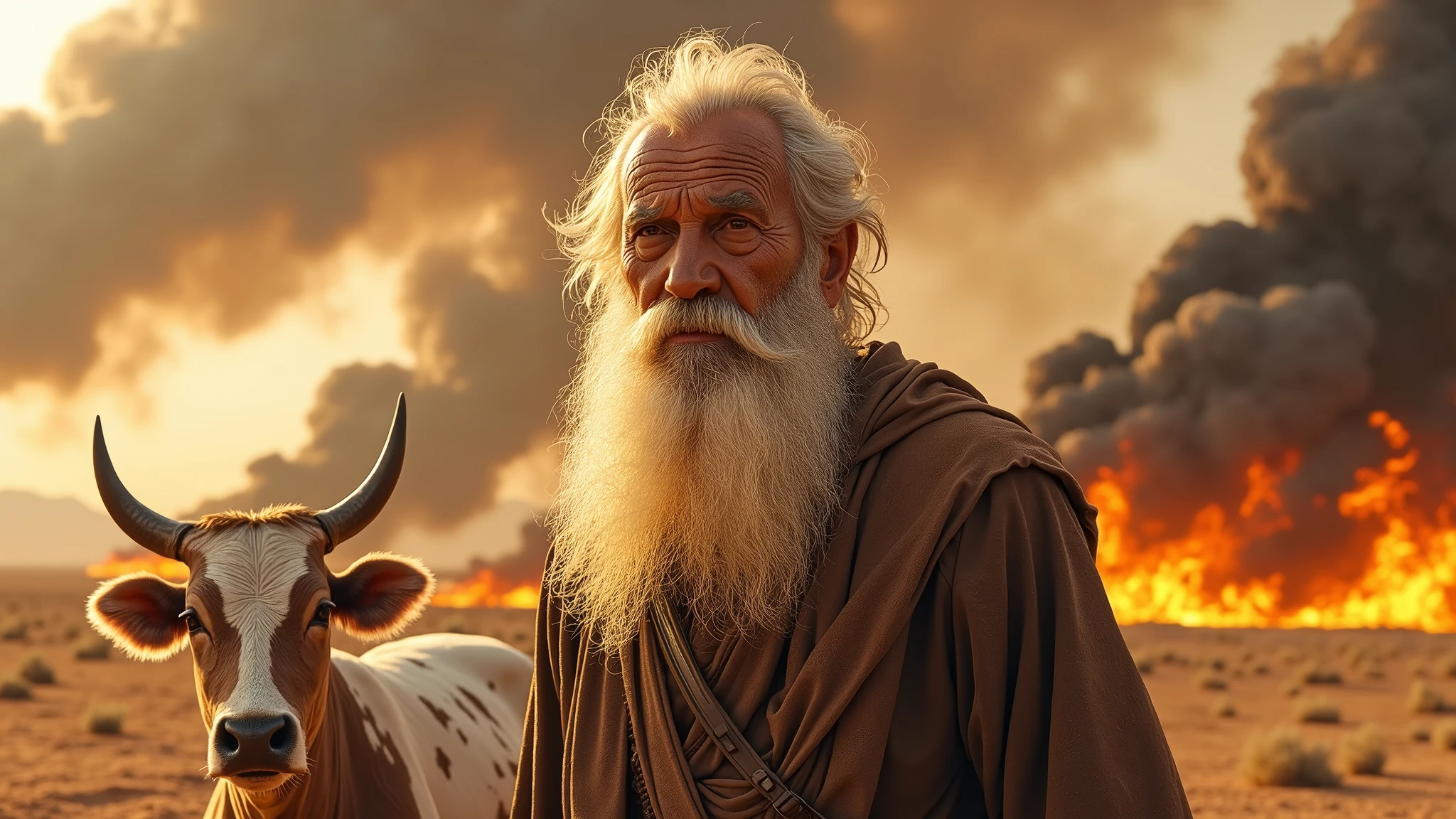old hebrew man, with a cow at his side, in the burning desert catching fire, 4k image, cinematic and realistic image