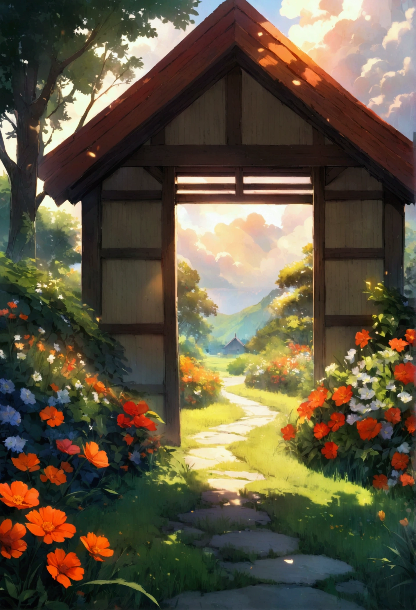 Create a landscape of a serene countryside scene during a gentle summer rain. A cozy cottage with a red roof is nestled near a large, lush green tree. The sky is filled with dramatic, billowing clouds in vibrant shades of orange and yellow, illuminated by sunlight breaking through, creating a striking contrast with the dark blue rain clouds. A narrow, winding path leads to the cottage, bordered by wildflowers in bright red and orange hues, and rich green grass. Small puddles form from the rain along the path.
The overall atmosphere is peaceful and, picturesque, with a harmonious blend of nature and tranquility, depicted in highly saturated colors to enhance the vividness and charm of the landscape.