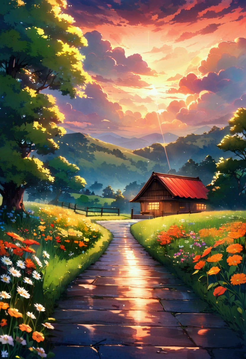 Create a landscape of a serene countryside scene during a gentle summer rain. A cozy cottage with a red roof is nestled near a large, lush green tree. The sky is filled with dramatic, billowing clouds in vibrant shades of orange and yellow, illuminated by sunlight breaking through, creating a striking contrast with the dark blue rain clouds. A narrow, winding path leads to the cottage, bordered by wildflowers in bright red and orange hues, and rich green grass. Small puddles form from the rain along the path.

The overall atmosphere is peaceful and, picturesque, with a harmonious blend of nature and tranquility, depicted in highly saturated colors to enhance the vividness and charm of the landscape.