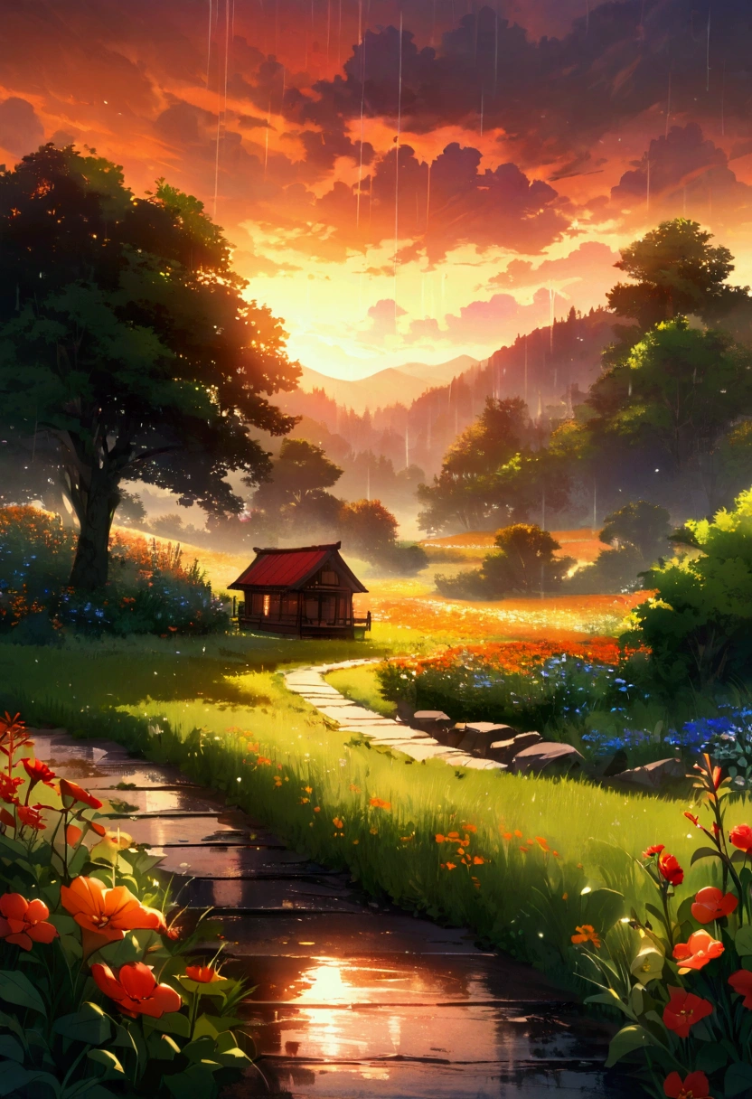 Create a landscape of a serene countryside scene during a gentle summer rain. A cozy cottage with a red roof is nestled near a large, lush green tree. The sky is filled with dramatic, billowing clouds in vibrant shades of orange and yellow, illuminated by sunlight breaking through, creating a striking contrast with the dark blue rain clouds. A narrow, winding path leads to the cottage, bordered by wildflowers in bright red and orange hues, and rich green grass. Small puddles form from the rain along the path.

The overall atmosphere is peaceful and, picturesque, with a harmonious blend of nature and tranquility, depicted in highly saturated colors to enhance the vividness and charm of the landscape.