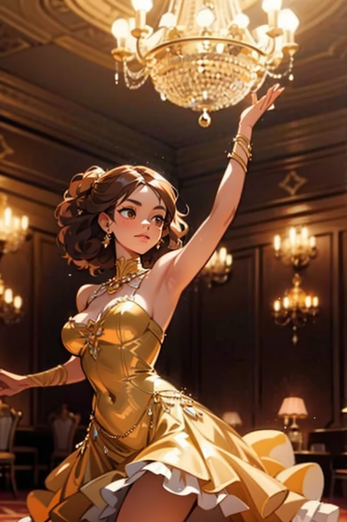 Create an image of a young woman in a ballroom lit by crystal chandeliers, with mirrors on the walls and a large chandelier in the center. The woman must have brown skin, curly and shiny hair, light brown in color, and be dressed in a golden dress that reflects the light around you. The atmosphere must convey charm and brightness. Use 8k resolution, with fantasy rendering style. Lighting should be soft, with ultra-fine details. The image should tell the story of Helena dancing in a ballroom, highlighting your charm and shine