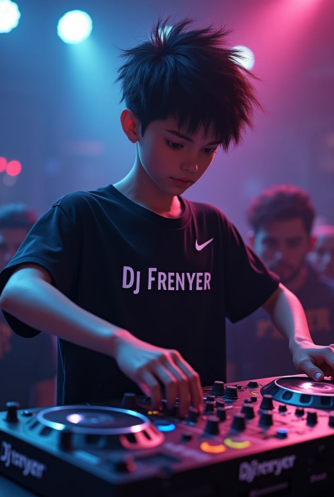 Create an boy with black hair mixing as a DJ with a black Nike shirt and underneath it has the word DJ FRENYER