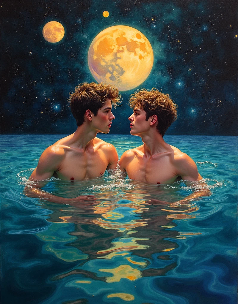 
Portrait of 2 amazingly handsome guys swimming naked in the sea ! Flow of black ink , Golden , Blue , yellow , red , purple , green ink , the whole range of colors of paints , photorealistic masterpiece in 8k resolution , complex detailed painting with liquid gouache , calligraphy , acrylic, watercolor art, Professional photography, daylight, Volumetric lighting maximalist photo illustration , concept art in 8K resolution, finely detailed, difficult, elegant, expansive, fantasy. A whirlwind of colors creates a masterpiece ! Portrait of 2 teenage boys ! Against the backdrop of the starry sky , sparkling stars , huge Jupiter and Saturn ! The moon touches the sea horizon !