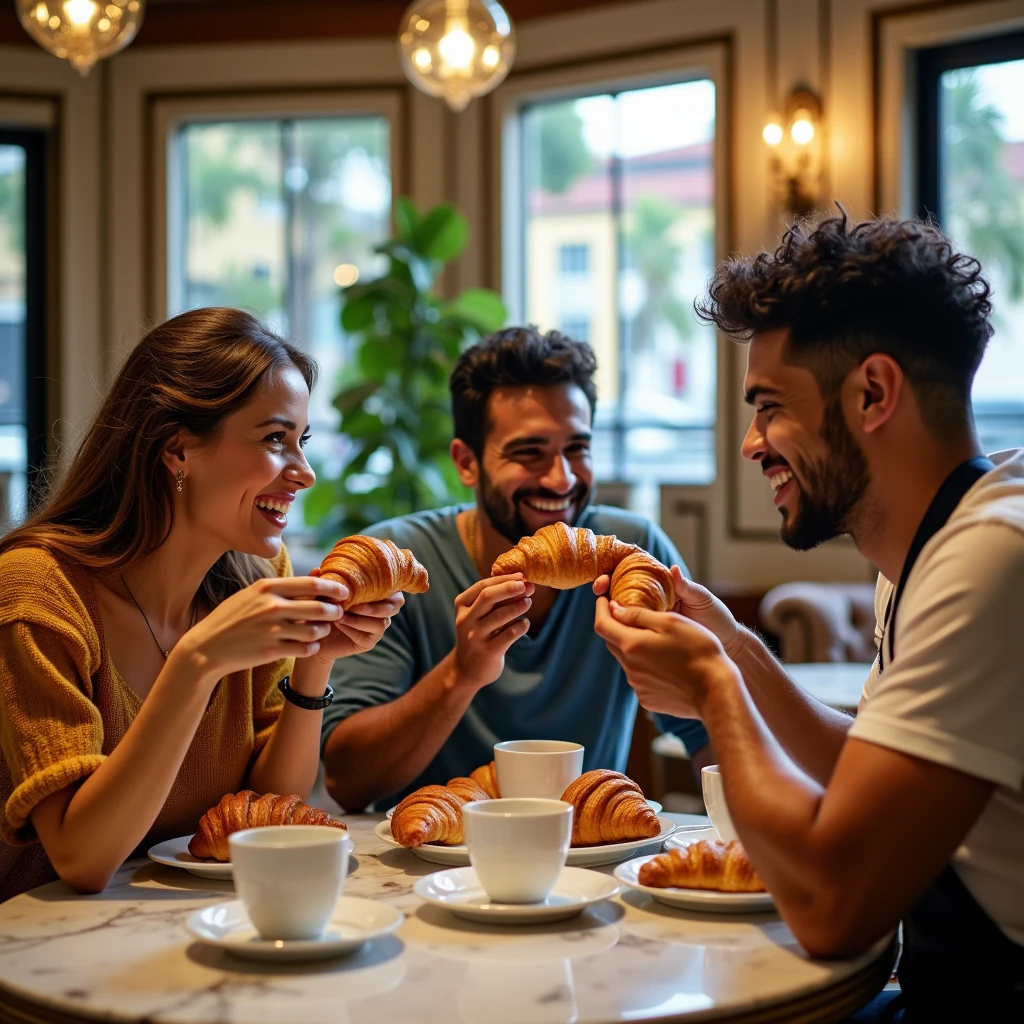 3 friends, being a lesbian woman, a Latino man and a white man each eating a croissant at a fancy bakery in Rio de Janeiro
