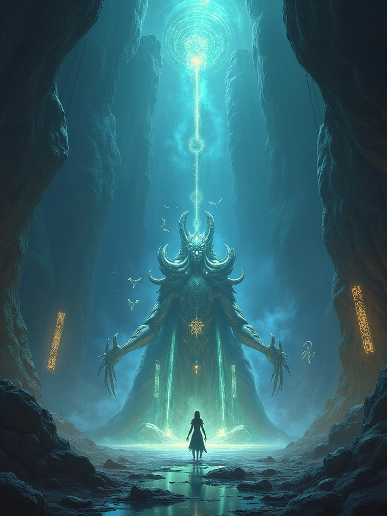 Sure! Here’s a prompt tailored for generating an AI image of the Caverna do Roncador with mystical beings and deities:

 *Create a mystical scene inside the legendary Caverna do Roncador, deep within Brazil’s mysterious landscape. The cave is vast and shadowy, with towering rock formations that glow with a soft, otherworldly light. Ancient, glowing symbols and carvings adorn the walls, casting a blue-green hue across the cavern. At the center, a crystalline pool reflects the ethereal light from above.*

*Inhabit the cave with majestic and mystical beings: towering deities with glowing eyes and shimmering, ethereal armor, embodying elements of nature like earth, water, and air. They are surrounded by smaller, luminous spirits with delicate wings, who flit through the air, leaving trails of light. The largest deity stands at an ancient stone altar, radiating power and wisdom, holding a staff that pulses with celestial energy.*

*The overall atmosphere is one of ancient mystery and divine presence, with swirling mists and beams of light penetrating the darkness. The color palette should include deep blues, purples, and glowing whites, creating a sense of otherworldly wonder and spiritual depth.*

 prompt is designed to generate a detailed and atmospheric image of the Caverna do Roncador, complete with mystical beings and deities.