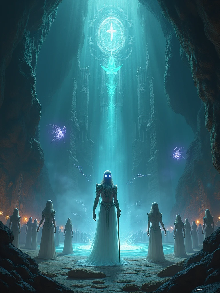 Sure! Here’s a prompt tailored for generating an AI image of the Caverna do Roncador with mystical beings and deities:
*Create a mystical scene inside the legendary Caverna do Roncador, deep within Brazil’s mysterious landscape. The cave is vast and shadowy, with towering rock formations that glow with a soft, otherworldly light. Ancient, glowing symbols and carvings adorn the walls, casting a blue-green hue across the cavern. At the center, a crystalline pool reflects the ethereal light from above.*
*Inhabit the cave with majestic and mystical beings: towering deities with glowing eyes and shimmering, ethereal armor, embodying elements of nature like earth, water, and air. They are surrounded by smaller, luminous spirits with delicate wings, who flit through the air, leaving trails of light. The largest deity stands at an ancient stone altar, radiating power and wisdom, holding a staff that pulses with celestial energy.*
*The overall atmosphere is one of ancient mystery and divine presence, with swirling mists and beams of light penetrating the darkness. The color palette should include deep blues, purples, and glowing whites, creating a sense of otherworldly wonder and spiritual depth.*
prompt is designed to generate a detailed and atmospheric image of the Caverna do Roncador, complete with mystical beings and deities.
