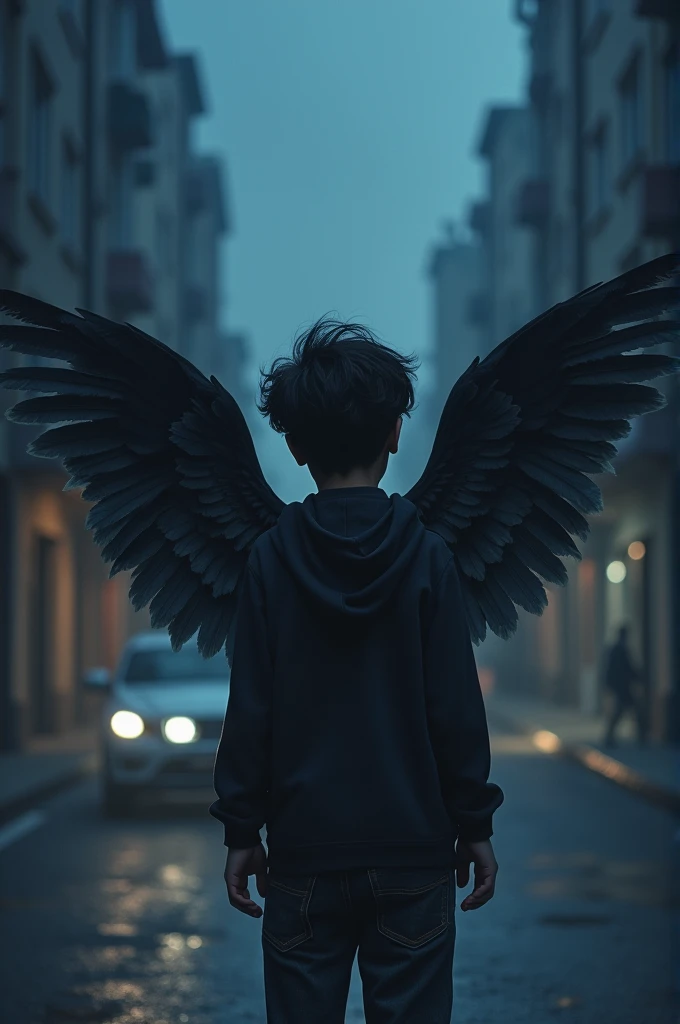 Image of a boy with wings on his back, an 1 boy without his face visible and buildings visible , Make it more adult and make the photo at night and have black hair