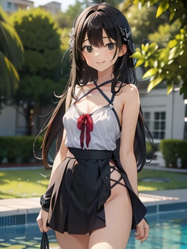 masterpiece, High resolution, High resolution, High resolution, Girl, cute, adorable, smiling, straight hair, long hair, black hair, standing, Swayback stance, looking at the camera, From the front, from thighs to head, pool, daylight,Skirt-style-bikini