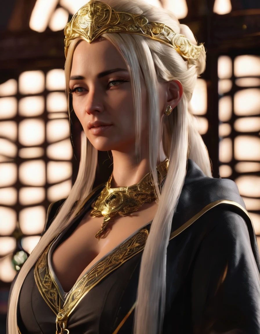 Thicc mommy blonde queen Marika of elden ring one sided hair covering one eye, with stripped black robes and gold hip chain ,Best quality, Ultra detailed, Blender 3d, UNREAL ENGINE 5.4