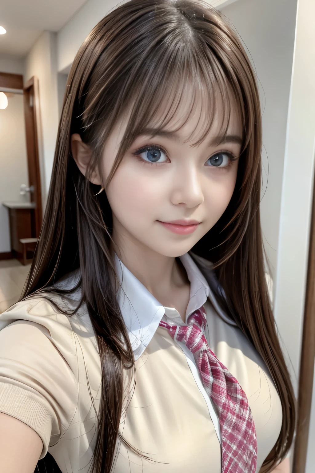 超High resolution, Highest quality, Realistic, masterpiece, detailed, High resolution, 8k, Raw photo:1.5, cute, {{1 female, white}}, View your viewers, Hazel Eyes, 超High resolution,非常にdetailed, Brown Hair, Pink clothes,uniform, high school girl, Soft skin texture,Soft and sexy lips, Happy, whole body