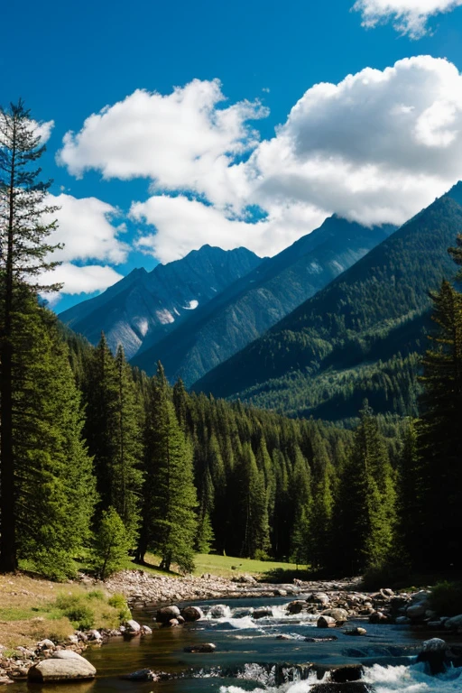 Landscape with mountains, stream, pine trees and clouds