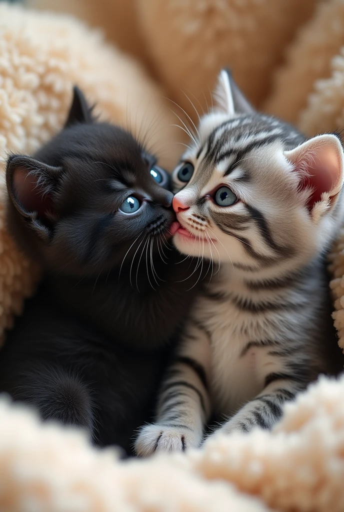 Now, The black kitten gives kisses to the gray kitten