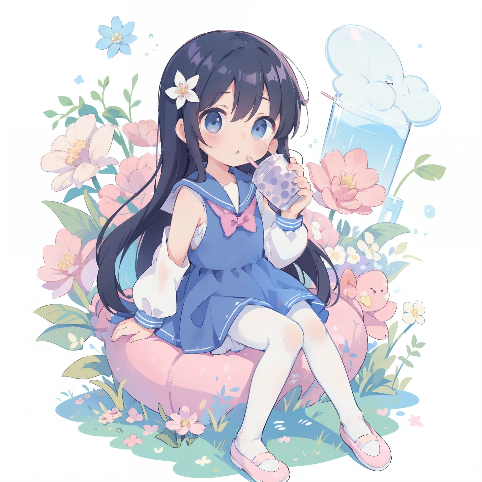 Hana Shirosaki,shirosaki hana,1girl,long hair,solo,hair ornament,pantyhose,flower,hair flower,pink flower,dress,white pantyhose,blue dress,black hair,white background,bangs,long sleeves,school uniform,drinking straw,blush,simple background,very long hair,white shirt,cup,shirt,white sailor collar,holding,bubble tea,blue eyes,sitting,sleeveless dress,drinking,shoes,disposable cup,sailor dress,hair between eyes,sailor collar,knees up,sleeveless,holding cup,pinafore dress,female child,