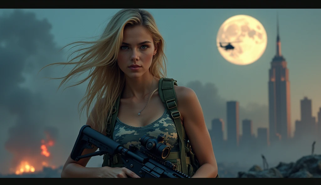 Realistic、Realistic、Realistic skin texture、Photo quality、High resolution、High resolution、Beautiful Arabian Girl、The upper body is wearing a camouflage bra top..、Manhattan night view、1 very beautiful female soldier、Carrying a military backpack、Wearing a bulletproof vest、Aiming an automatic rifle、Realisticなスナイパーライフルを構えた状態、Blond medium-long hair blowing in the wind、Wearing an intercom headset、Young Face、Military helicopter flies in the sky、The background is a skyscraper district、smoky battlefield、The background is the night sky、Huge full moon in the center of the sky、The person is a full-body angle、Observe the audience