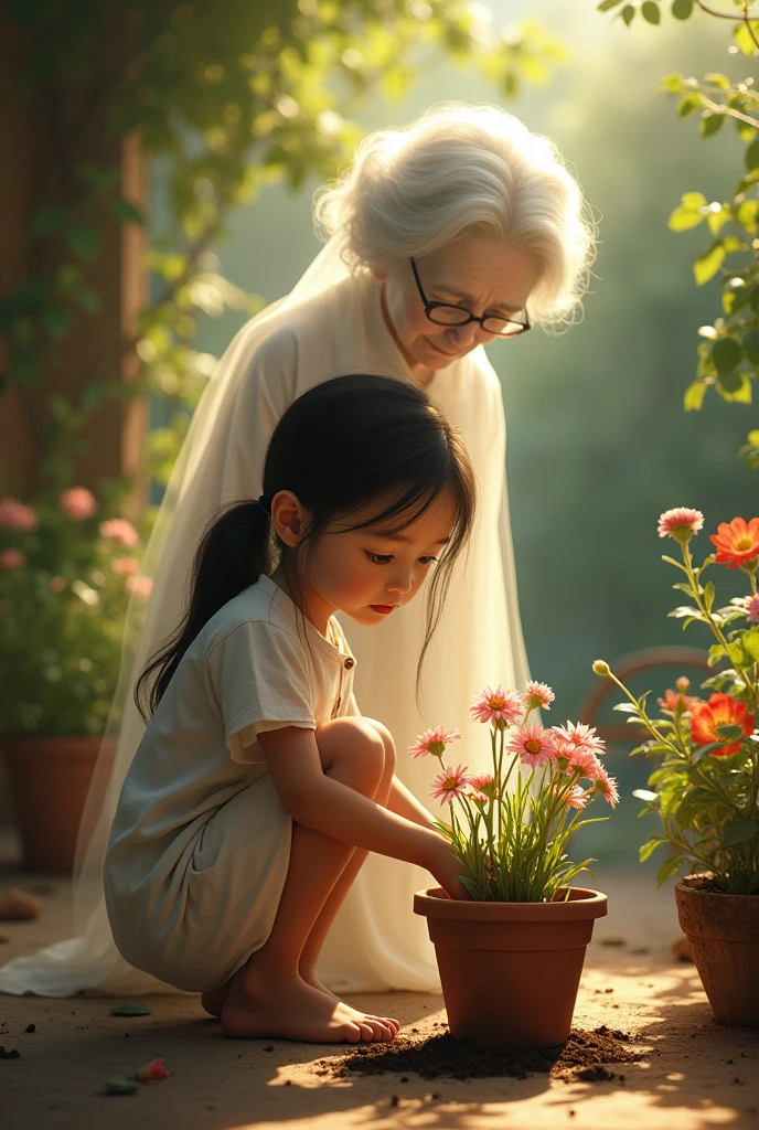  girl planting flowers in a pot with her ghost grandmother behind 