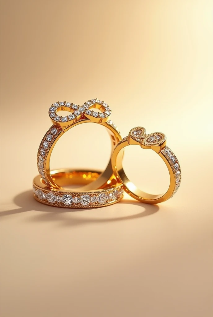 A captivating poster with two exquisite gold wedding rings. The ring on the left bears the name "Lety" while the one on the right features the name "Armando". The top of the rings displays a symbol of infinity, adorned with dazzling, radiant gems. The bottom of the rings shows a golden heart, also adorned with stunning, radiant gems. The background is a soft beige color.
