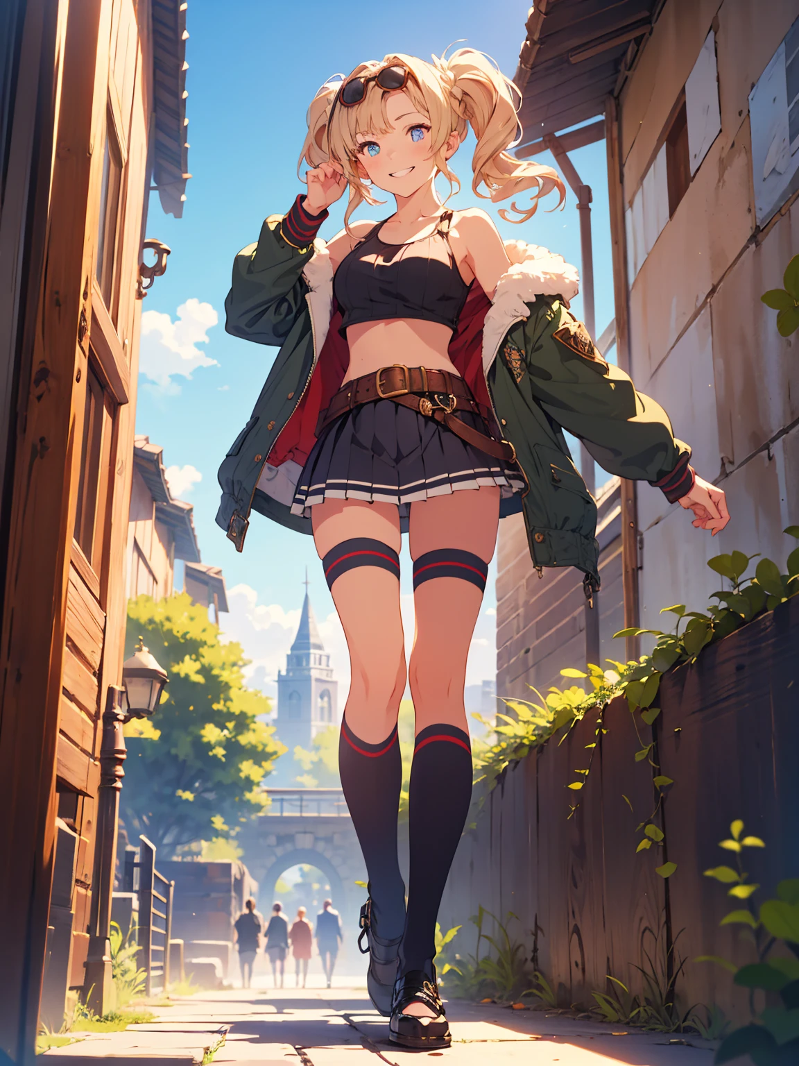 ( masterpiece), best quality, expressive eyes, perfect face, highres, moody angle, medium breast, full body, solo, Buoyant Smile, 1girl, zetadark, twintails, sunglasses, eyewear on head, fur trim, jacket, crop top, pleated skirt, thighhighs, belt, midriff, background, fantasy, middle ages, outdoor, fantasy street, walking, see the Airship, portrait, 