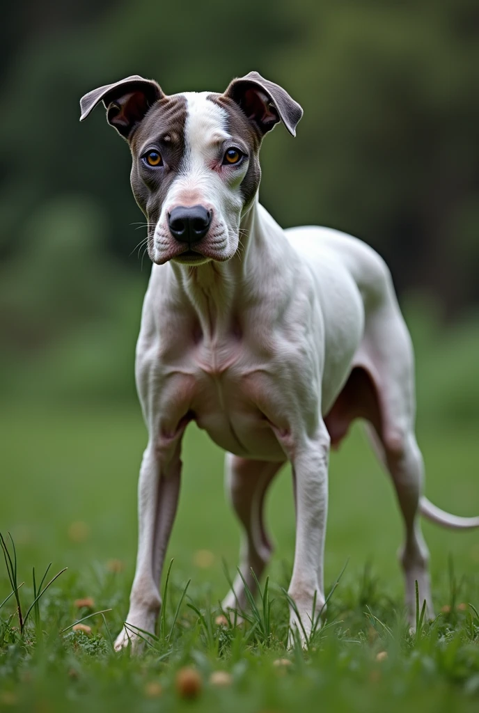 A white and dark gray American Staffordshire terrier dog is standing on her side with swollen breasts ready to nurse her puppies, but so thin that her bones can be seen, standing on green grass, she is standing on her side and her breasts are visible