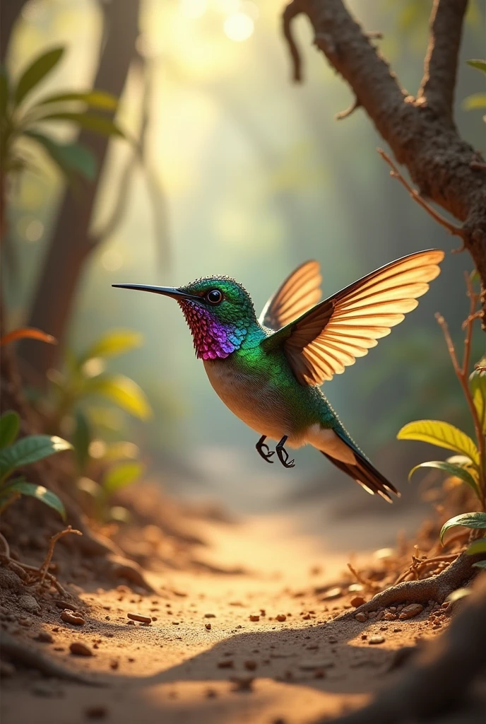 A hummingbird flying in a jungle where there is drought and very exhausted