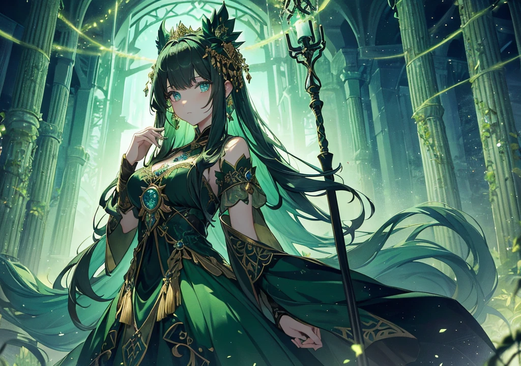 Create a princess surrounded by a mystical forest, dressed in a flowing, dark emerald gown with intricate gold patterns. Her eyes glow with ancient wisdom, and she holds a staff adorned with glowing runes, capturing the essence of an underground ritual