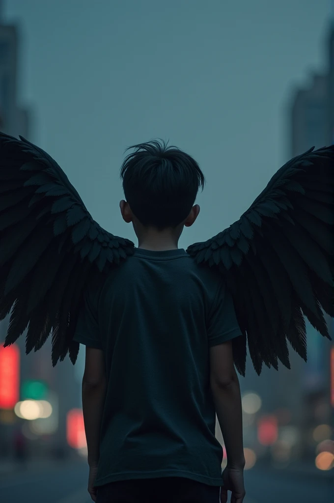 Image of a boy with wings on his back, an 1 boy without his face visible and buildings visible , Make it more adult and make the photo at night and have black hair, Make it higher and make the photo darker