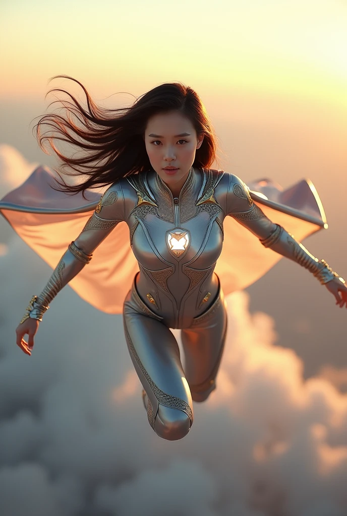 A beautiful Korean woman is flying in the sky at high speed in a Man of Steel super girl costume. full body, photo, photo, soft light, highest quality, high quality, high detail, 16k, HD, 1080P, high quality, detail decoration, crazy detail, Ultra HD quality