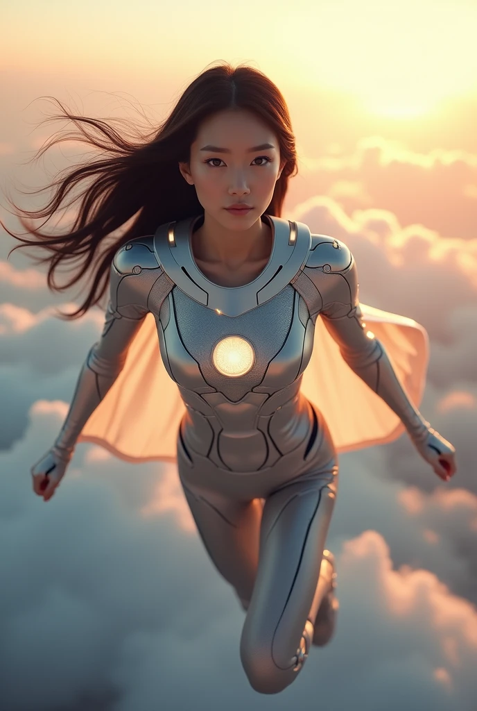 A beautiful Korean woman is flying in the sky at high speed in a Man of Steel super girl costume. full body, photo, photo, soft light, highest quality, high quality, high detail, 16k, HD, 1080P, high quality, detail decoration, crazy detail, Ultra HD quality