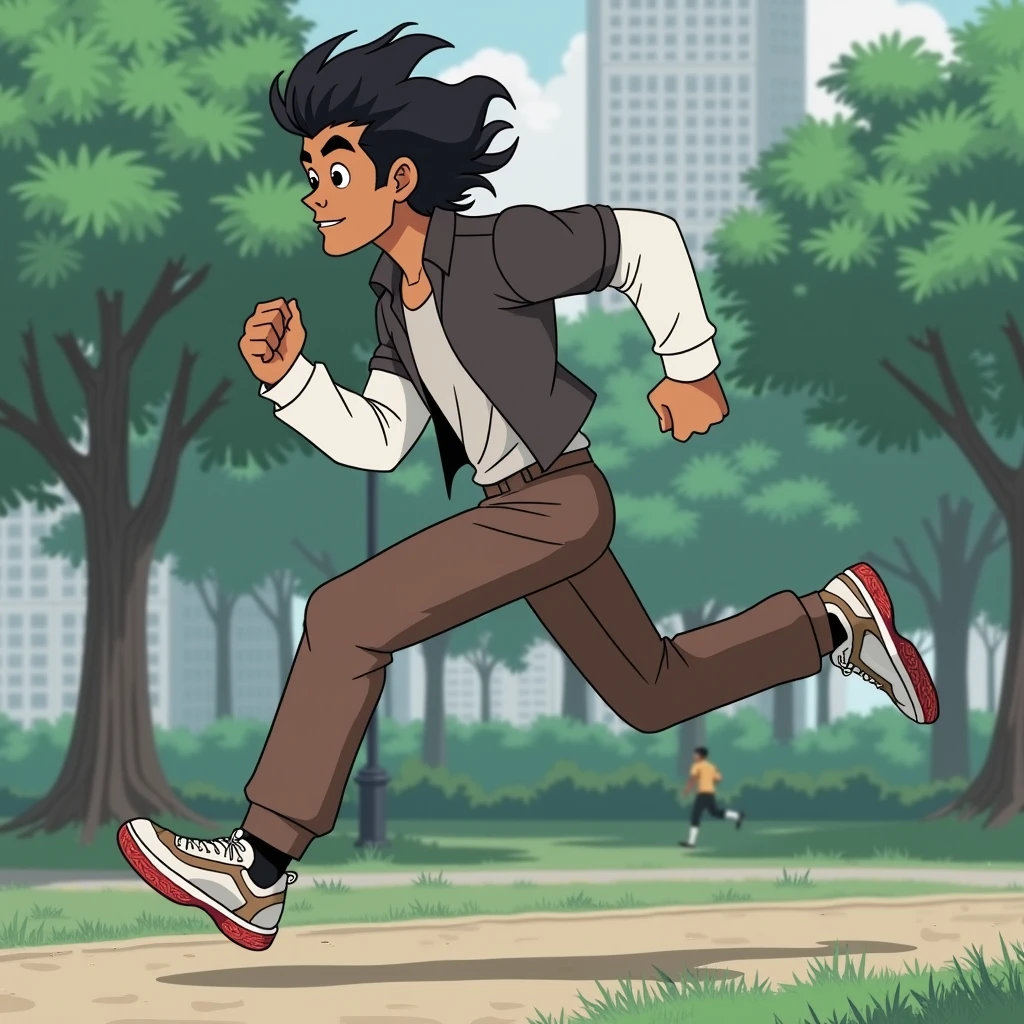 He is a dark-skinned man with wavy hair who is running in a park dressed in a white t-shirt, brown pants, and white and brown shoes.