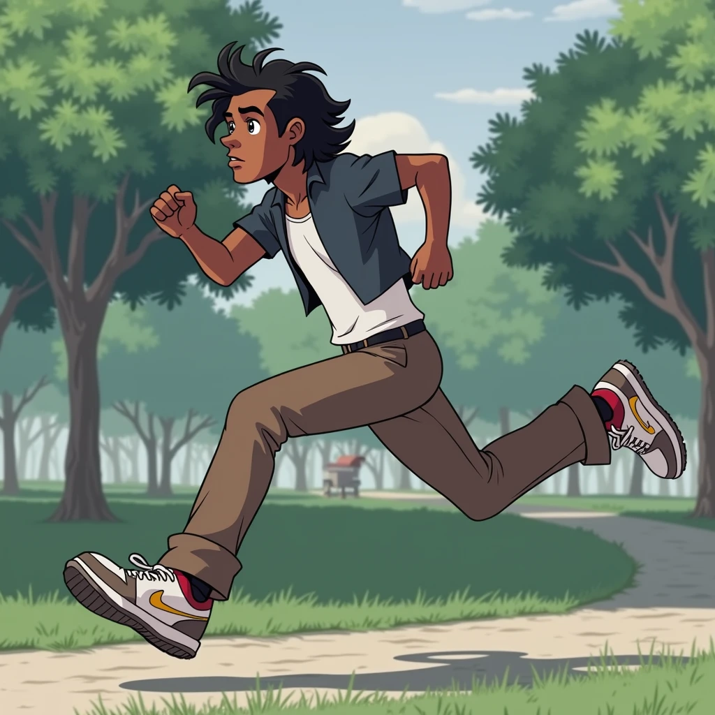 He is a dark-skinned man with wavy hair who is running in a park dressed in a white t-shirt, brown pants, and white and brown shoes.