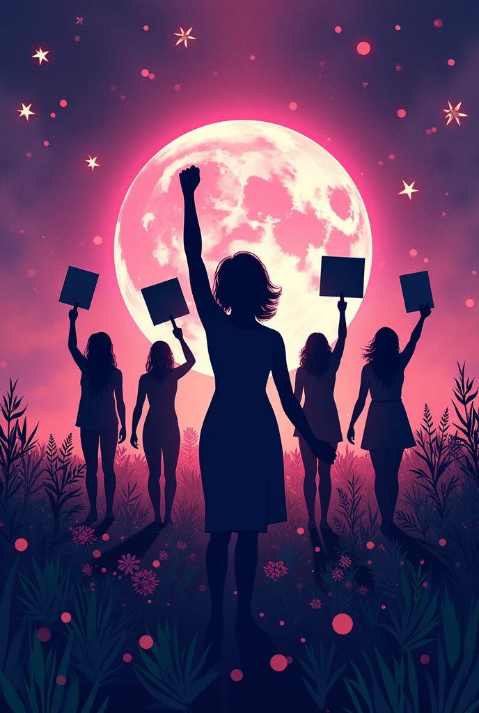 In the center of the image, Place an illustration or graphic that symbolizes the feminist struggle. It could be a stylized image of a group of women of different ethnicities and ages united, holding up signs with empowering messages. Alternatively, You could opt for a powerful silhouette of a woman raising a fist in a sign of strength and resistance., surrounded by decorative elements such as stars, in shades of purple and green.