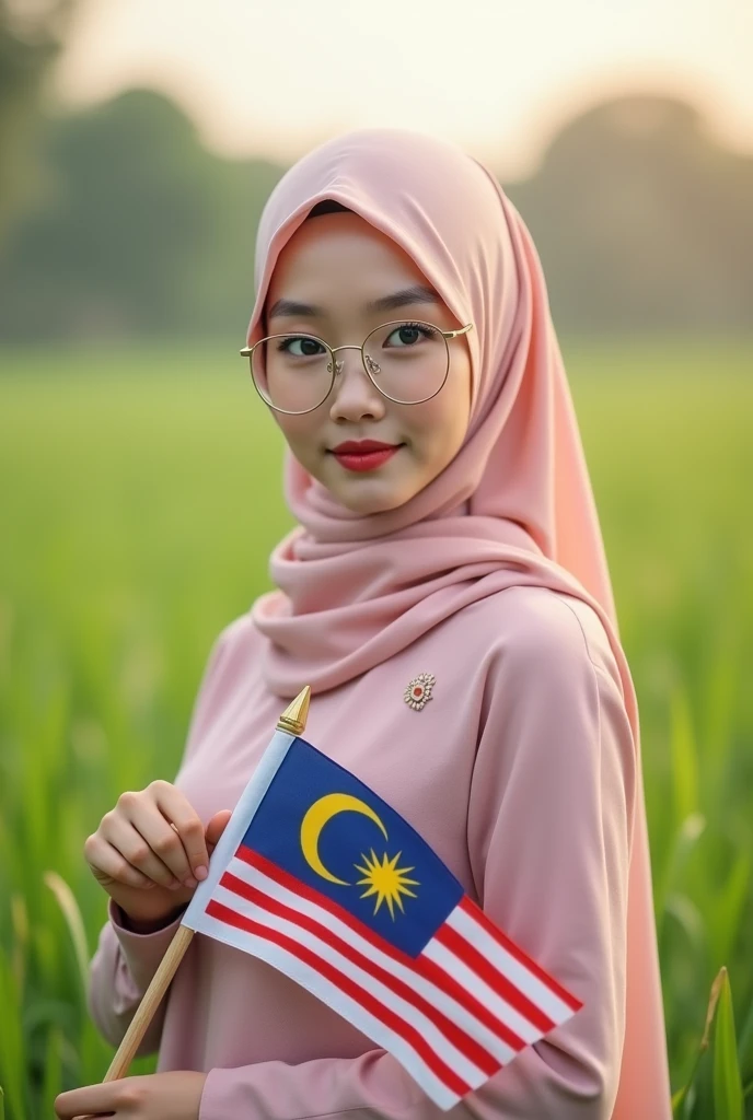 Beautiful girl with glasses wearing pastel coloured hijab with pastel modesty outfit, holding Malaysian's flag while posing with sweet pose in paddy field in the morning.
