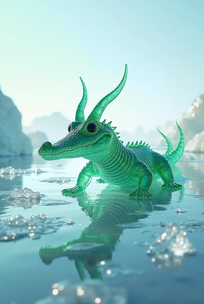 Transparent green ice alligator with horns