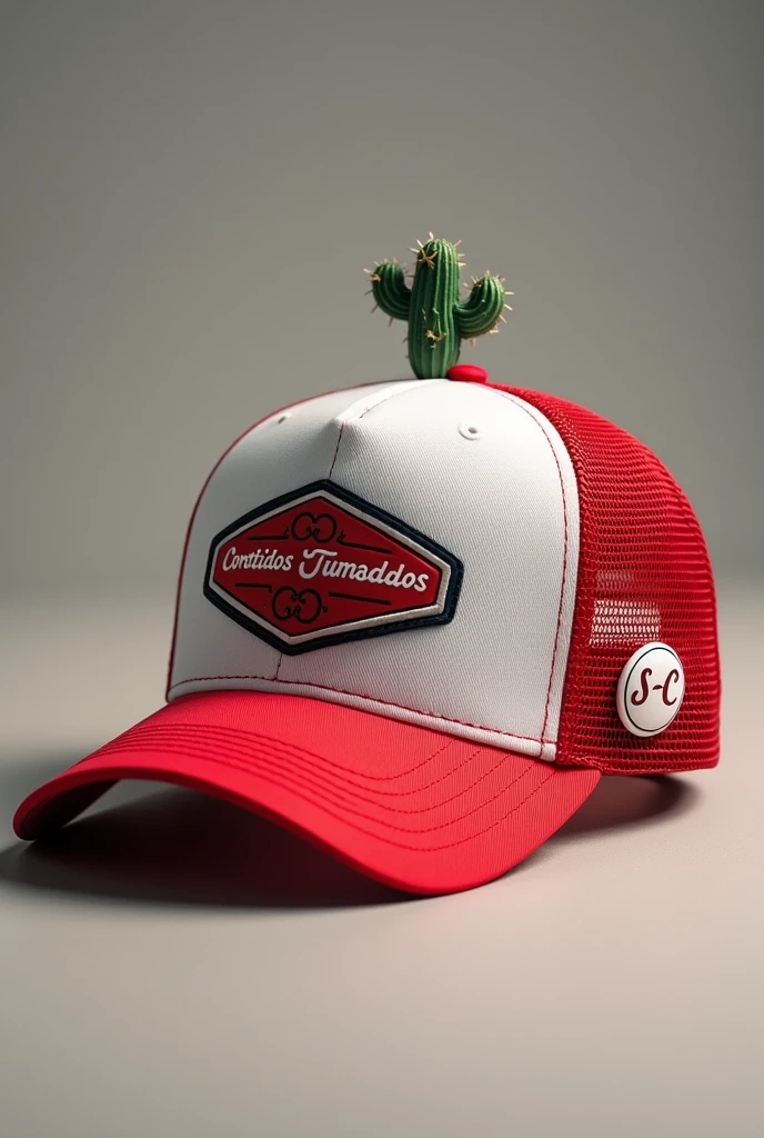 A red and white mesh cap on the back , of the logo of cortidos tumabdos   ,with a small cactus on the back and a white pin that says SC