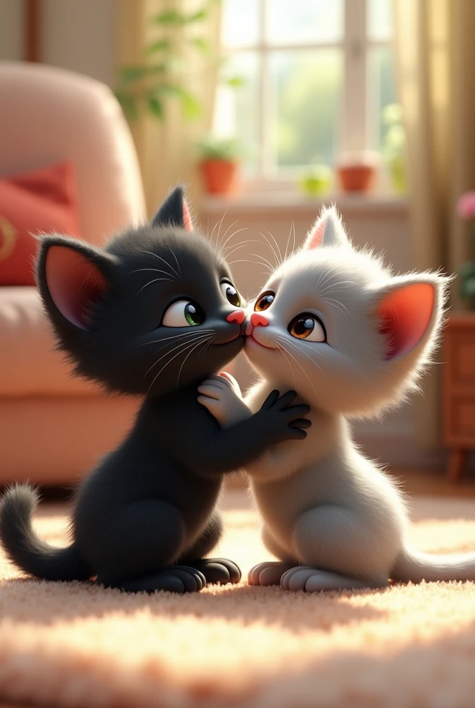 Now, The black kitten gives kisses to the gray kitten, Kittens with animation