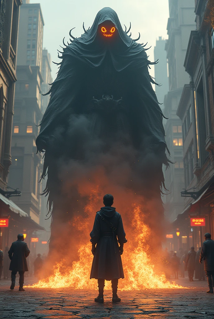 "A lone figure, the Sujeto, stands in a bustling street of Gramatic Land, where ancient cobblestone roads meet modern skyscrapers. The Sujeto is a young person with a medieval tunic combined with futuristic accessories. Facing them is the Action Verb (AV), a towering, shadowy figure with fiery eyes, dressed in dark, flowing robes that seem to be made of living smoke, representing raw, uncontrollable energy. The scene is tense, with the contrast between the calm determination of the Sujeto and the chaotic menace of the AV."