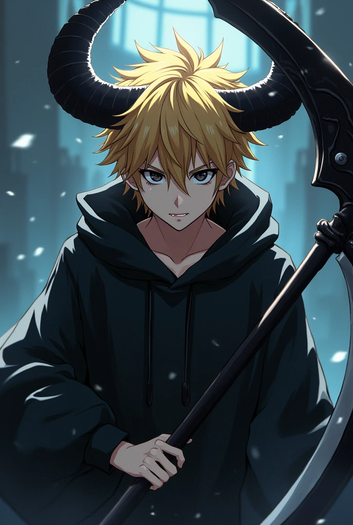 Create an anime boy with blonde hair and big black demon horns he has a black giant scythe as a weapon and black skelera