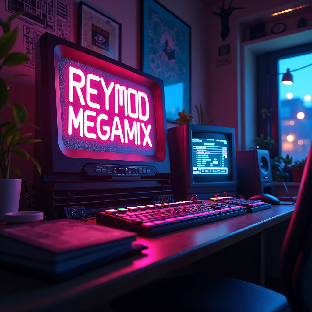 Create a nostalgic and vibrant image that captures the essence of the late '90s electronic music scene. The centerpiece is a glowing, futuristic-looking 'ReyMod Mod Megamix' logo, surrounded by elements reminiscent of early digital music production. Include a retro PC setup with ModEdit software open on the screen, showcasing the Pattern Editor interface with its distinctive hex editor-like design. The environment should evoke a sense of creative exploration, with neon lights, abstract sound waves, and circuit board patterns in the background. The overall atmosphere should be a blend of nostalgia and innovation, paying homage to the pioneering era of MOD file editing and the groundbreaking impact of ModEdit. Emphasize the DIY, hands-on feel of the time, with a nod to the technology of the early '90s, such as the PC speaker and keyboard-centric navigation.