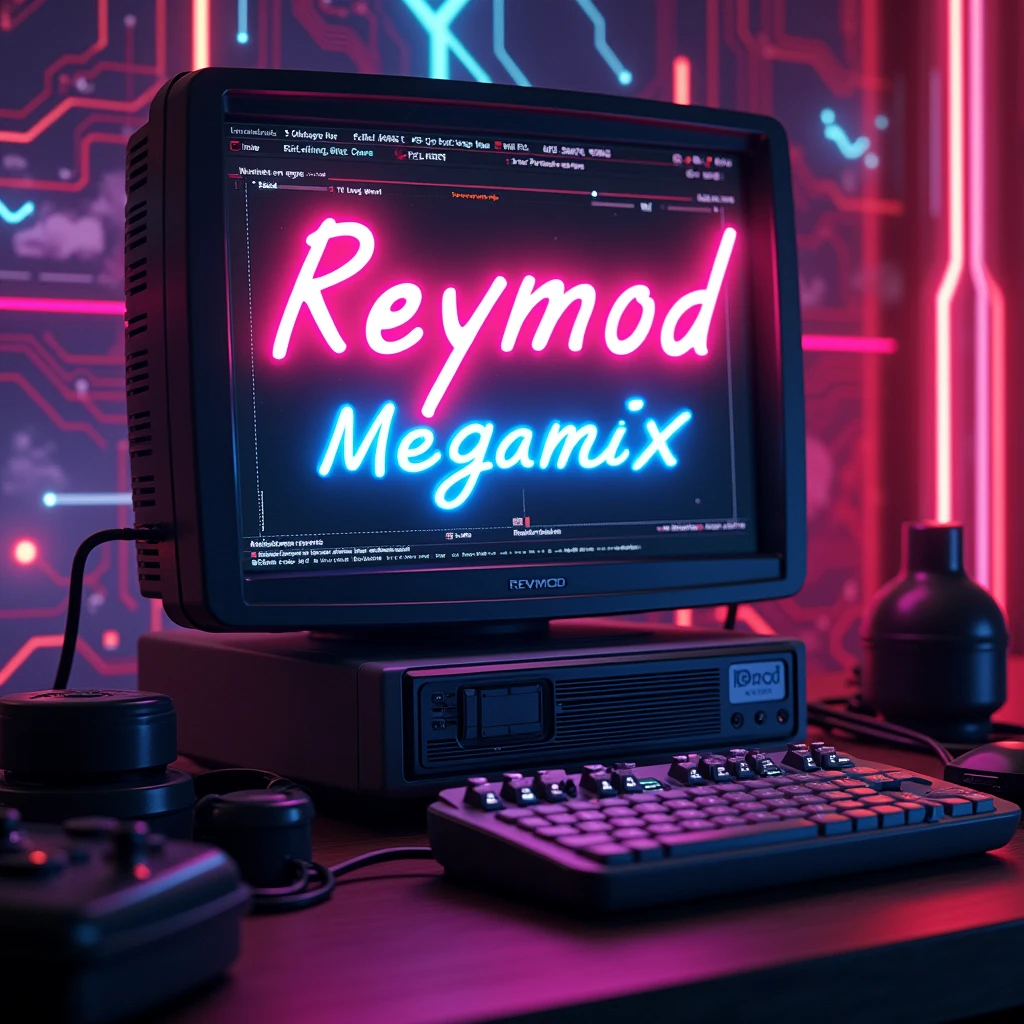 Create a nostalgic and vibrant image that captures the essence of the late '90s electronic music scene. The centerpiece is a glowing, futuristic-looking 'ReyMod Mod Megamix' logo, surrounded by elements reminiscent of early digital music production. Include a retro PC setup with ModEdit software open on the screen, showcasing the Pattern Editor interface with its distinctive hex editor-like design. The environment should evoke a sense of creative exploration, with neon lights, abstract sound waves, and circuit board patterns in the background. The overall atmosphere should be a blend of nostalgia and innovation, paying homage to the pioneering era of MOD file editing and the groundbreaking impact of ModEdit. Emphasize the DIY, hands-on feel of the time, with a nod to the technology of the early '90s, such as the PC speaker and keyboard-centric navigation.
