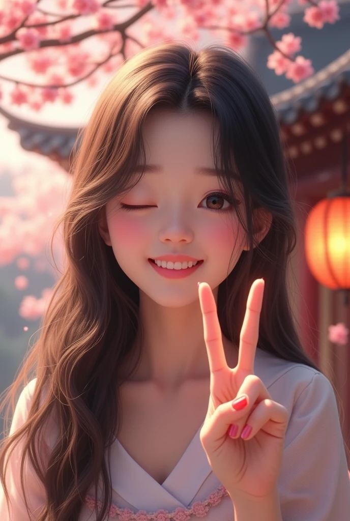 An 8K high-definition cinematic rendering of a romantic anime-style medium scene of a beautiful Korean girl with long, dark hair, she is making the peace sign with her fingers, with a playful smile and winking with one eye in a joyful expression, the scenery is romantic and dreamy, with subtle symbols of Korean culture, such as a soft depiction of the roof of a traditional Korean palace, cherry blossoms and soft lanterns. The background is blurred and contains a soft depiction of the roof of a traditional Korean palace, cherry blossoms and soft lantern lights. High Resolution, Masterpiece, Best Quality, Detail, HD Model, High Quality, Super Detail, Ultra HD, Blushing, Laughing, Smiling, Embarrassed, Slight Smile, Ukiyo-e, 3D Rendering, American Propaganda Poster, Anime Style, Art Nouveau, Cinematic, Photorealism, Portrait Photography, Realism,