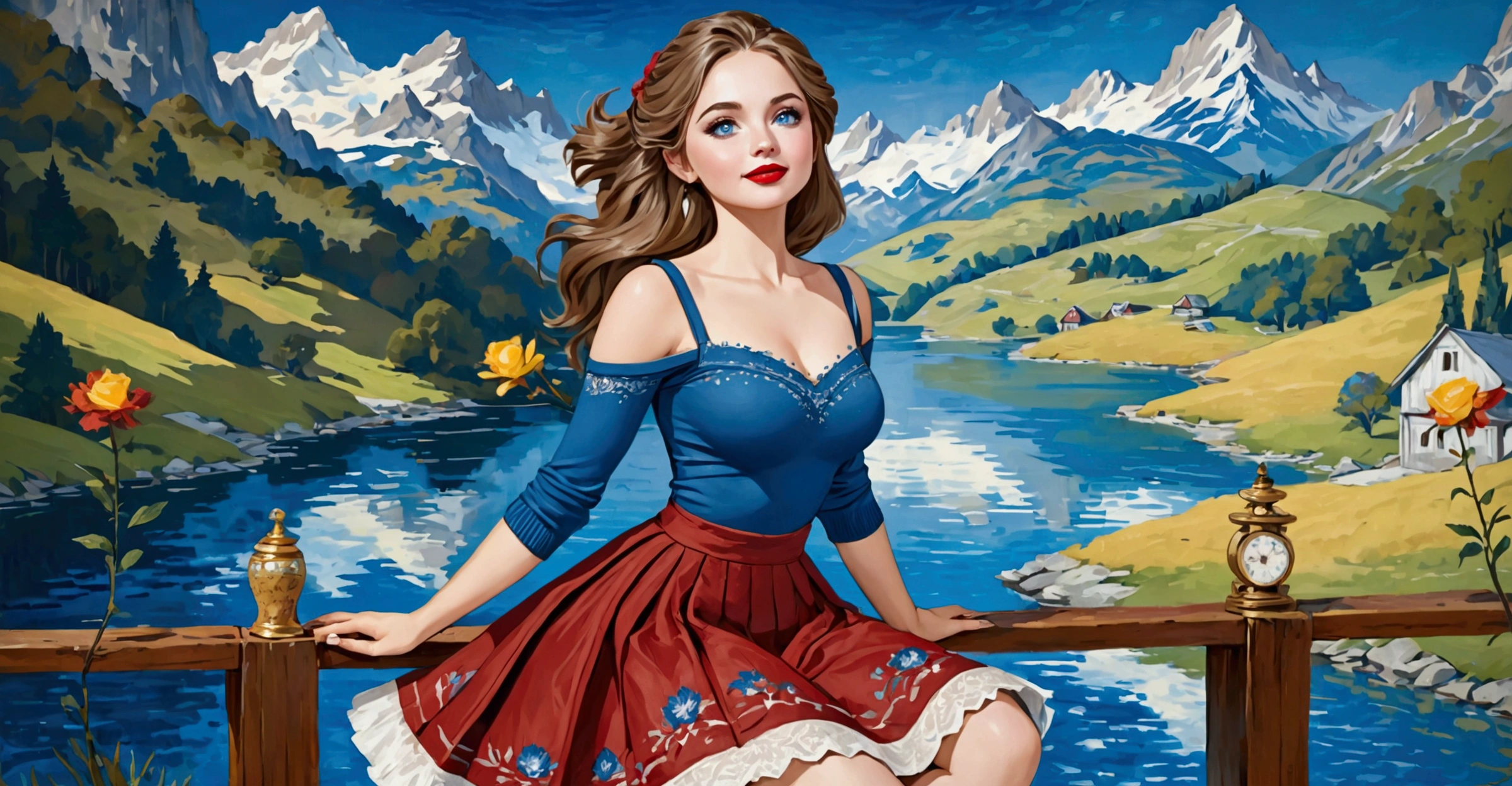 A Blonde Woman With Messy Hair, Pale Skin, & Red Lipstick On A Rock Overlooking A Mountain Valley & Alpine Lake. Wears A Dress With Woodcut Patterns, A Black Knee-Length Pleated Skirt With Blue Embroidery, & A Norwegian Sweater With Rosemaled Designs. Her Face Is Round With Full Features & A Wide Smile, Her Eyes Are Detailed And Wide, & She Poses Dynamically. Digital Painting Is In 4K Ultra HD, Rococo-Inspired Fantasy Art With Intricate Details. She Has A Cute, Charming Expression & A Alluring-Gaze, With Beautiful Blue Eyes & An-Ideal-Hourglass-Figure. Dawn Wells.