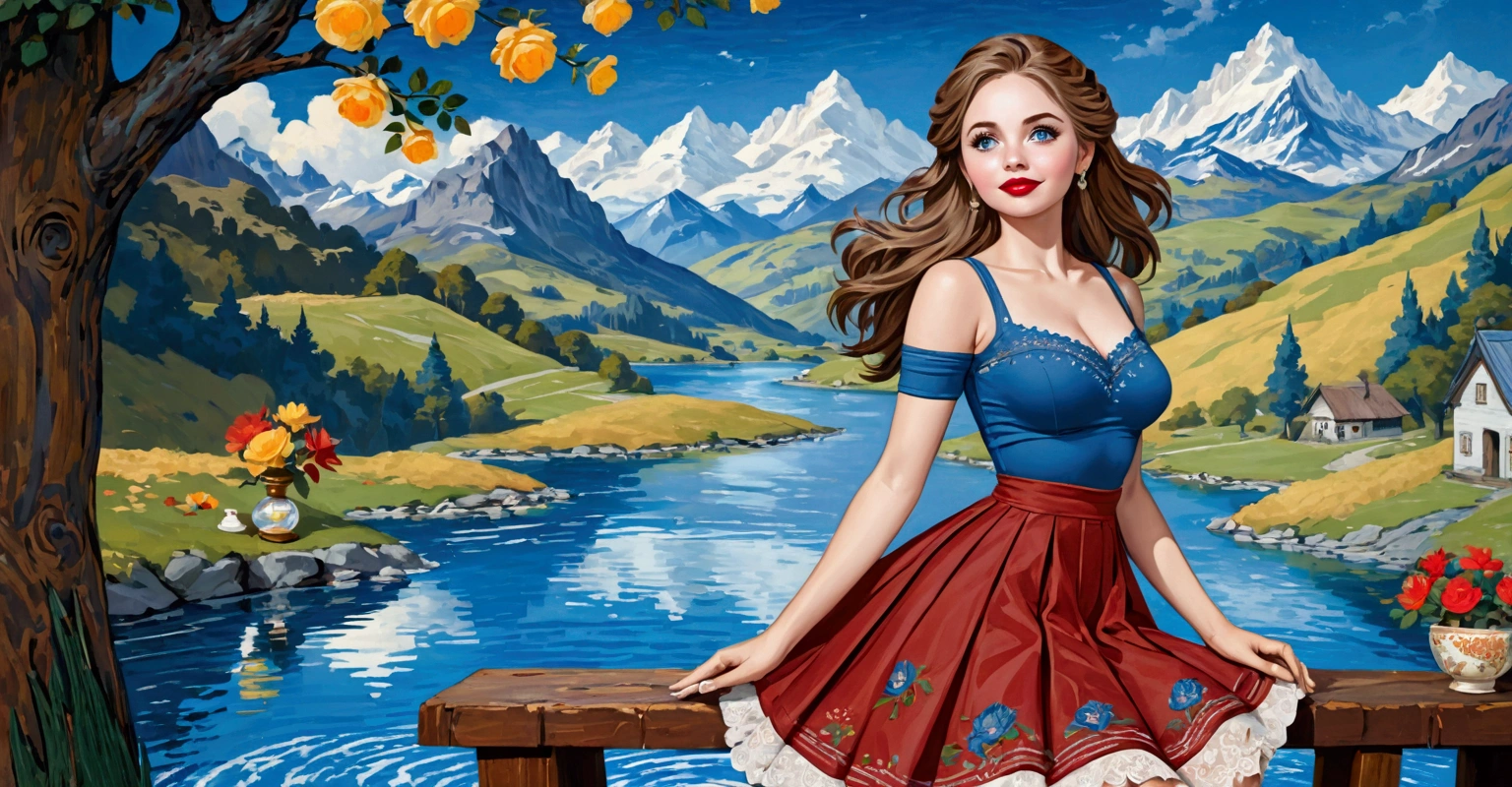 A Blonde Woman With Messy Hair, Pale Skin, & Red Lipstick On A Rock Overlooking A Mountain Valley & Alpine Lake. Wears A Dress With Woodcut Patterns, A Black Knee-Length Pleated Skirt With Blue Embroidery, & A Norwegian Sweater With Rosemaled Designs. Her Face Is Round With Full Features & A Wide Smile, Her Eyes Are Detailed And Wide, & She Poses Dynamically. Digital Painting Is In 4K Ultra HD, Rococo-Inspired Fantasy Art With Intricate Details. She Has A Cute, Charming Expression & A Alluring-Gaze, With Beautiful Blue Eyes & An-Ideal-Hourglass-Figure. Dawn Wells.
