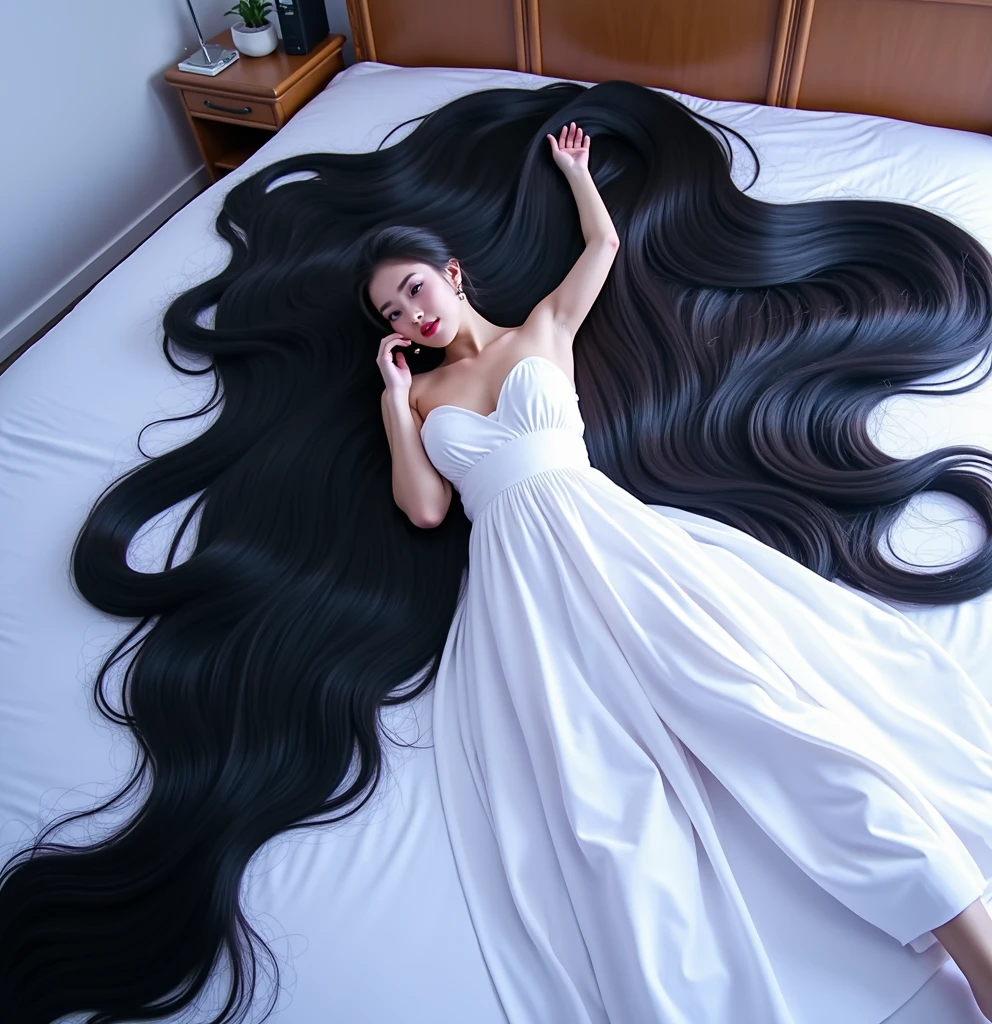 (Best image quality、highest quality、Highest Resolution、Ultra-realistic photos、Full body photo、）1 girl、Amazingly long black hair is super beautiful、Hair length約5Meters、naked、Straight black hair、Very beautiful face、Beautifully groomed black hair、Very large amounts of hair、Super long black hair that accentuates her feminine and sexy look、Slim figure、Shiny, Beautiful Hair、Bright lighting、Professional Lighting、World Super Long Hair Contest Winner、Full body photo、Head to toe photos、Taken from about 4 meters away、ultra-realistic、The longest black hair in the world、Hair longer than Rapunzel、She has very long black hair that covers her entire body...、Hair that is shampooed every day is so beautiful、I&#39;s hair isバラの香りがして、My very long black hair makes me look sexy.、My charm is my long black hair、Long black hair is a symbol of beauty、I&#39;I am proud of my long black hair、This long hair length and volume is admired around the world.、Her very long black hair is fanned out、Smooth black hair that flows from shoulders to floor、I have a lot of hair、Cover the entire bed with hair、Hide your hands with your long hair、Hide your fingers with your long hair、A storm of black hair about to overflow from the screen、,Full body photo,超Super long hair、naked、the most Beautiful Hair in the world、Lie on your back in bed、Long hair covering her vagina、White underwear or naked、Cover the whole body with straight hair、Very beautiful face、beautifully styled black hair、Very large amounts of hair、Super long hair that accentuates femininity&#39;sexly、Slim figure、Beautiful and shiny hair、Bright lighting、Professional Lighting、Full body photo、Black hair contest winner、the place is a bedroom、My hair is reaching the floor and dragging、Full of black hair、She is leaning on the bed, Show off your long hair.、The bed is full of hair、Long black hair covers the whole body、Super long hair、Best image quality、highest quality、Highest Resolution、Ultra-realistic photos、Full body photo、1 girl、Very beautiful face、