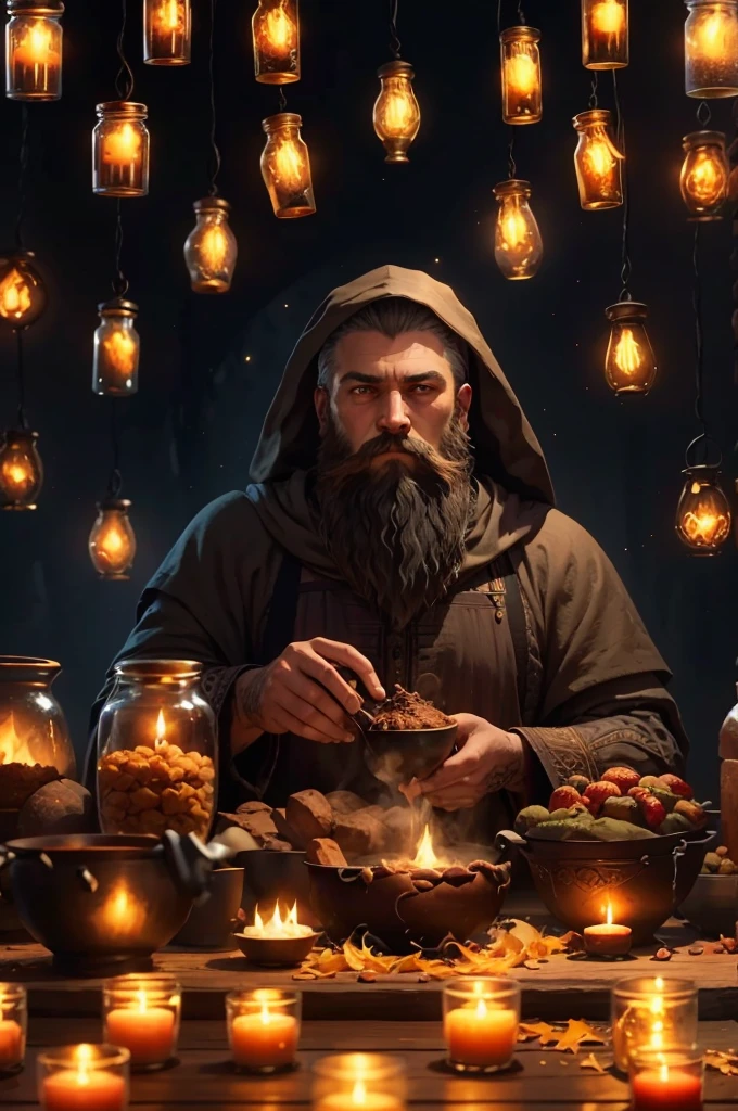 create an image exactly like this, change the beard leaving it black and full, change the clothes to a wizard outfit with more magical details, add some magical details to the pots