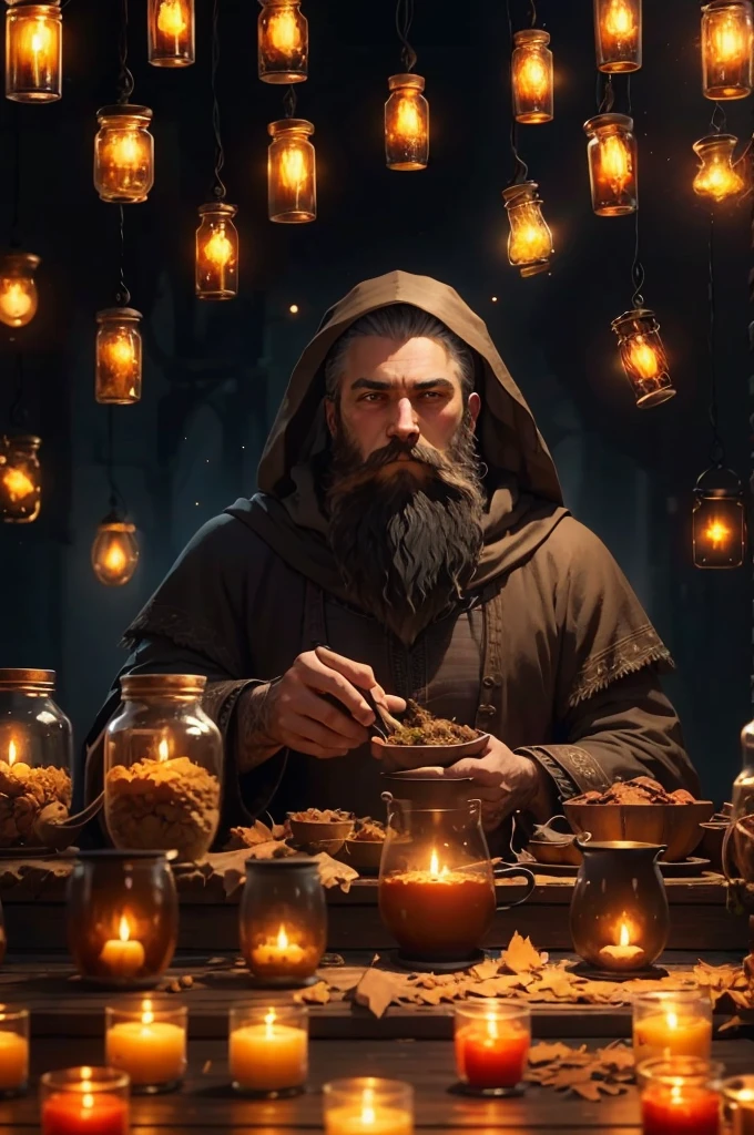 
create an image exactly like this, change the beard leaving it black and full, change the clothes to a wizard outfit with more magical details, add some magical details to the pots