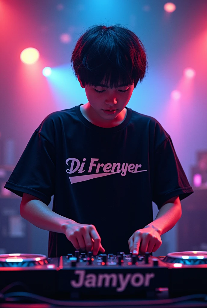 Create an  boy with black hair mixing as a DJ with a black Nike shirt and underneath it has the realistic word DJ FRENYER