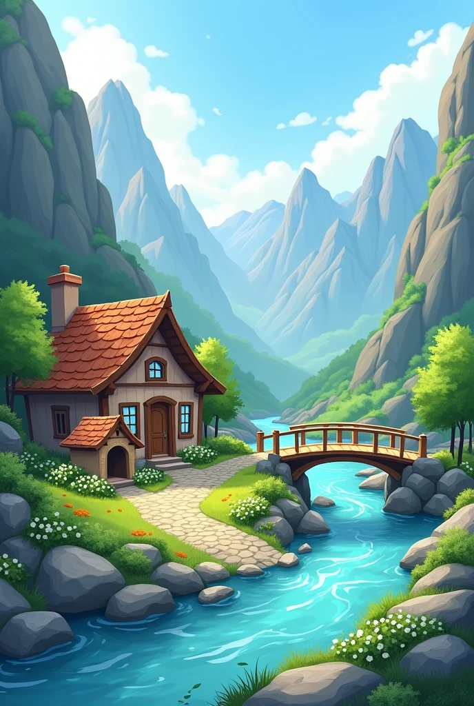 Create a house between two mountains and a river ,a bridge and next to the house a garden and a dog house with a stone path easy to draw