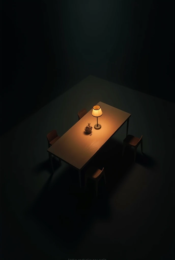 Create an image with a dark environment, a table and a lamp seen from above