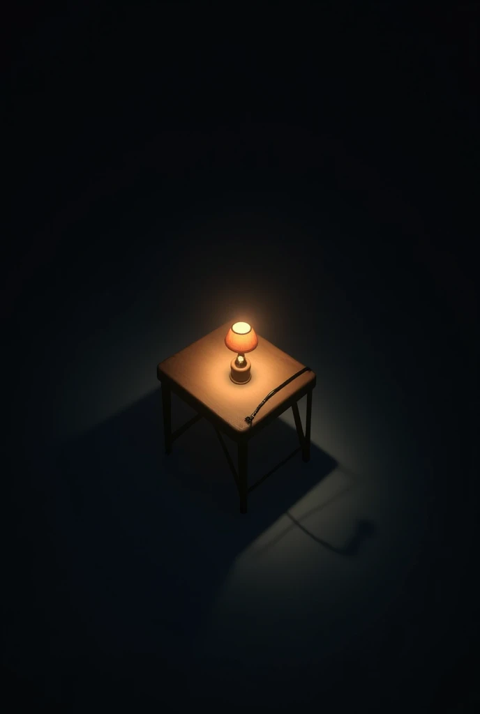 Create an image with a dark environment, a table and a lamp seen from above