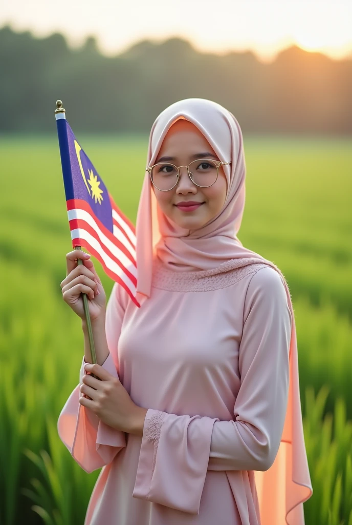 Beautiful girl with glasses wearing pastel coloured hijab with pastel modesty outfit, holding Malaysian's flag while posing with sweet pose in paddy field in the morning.